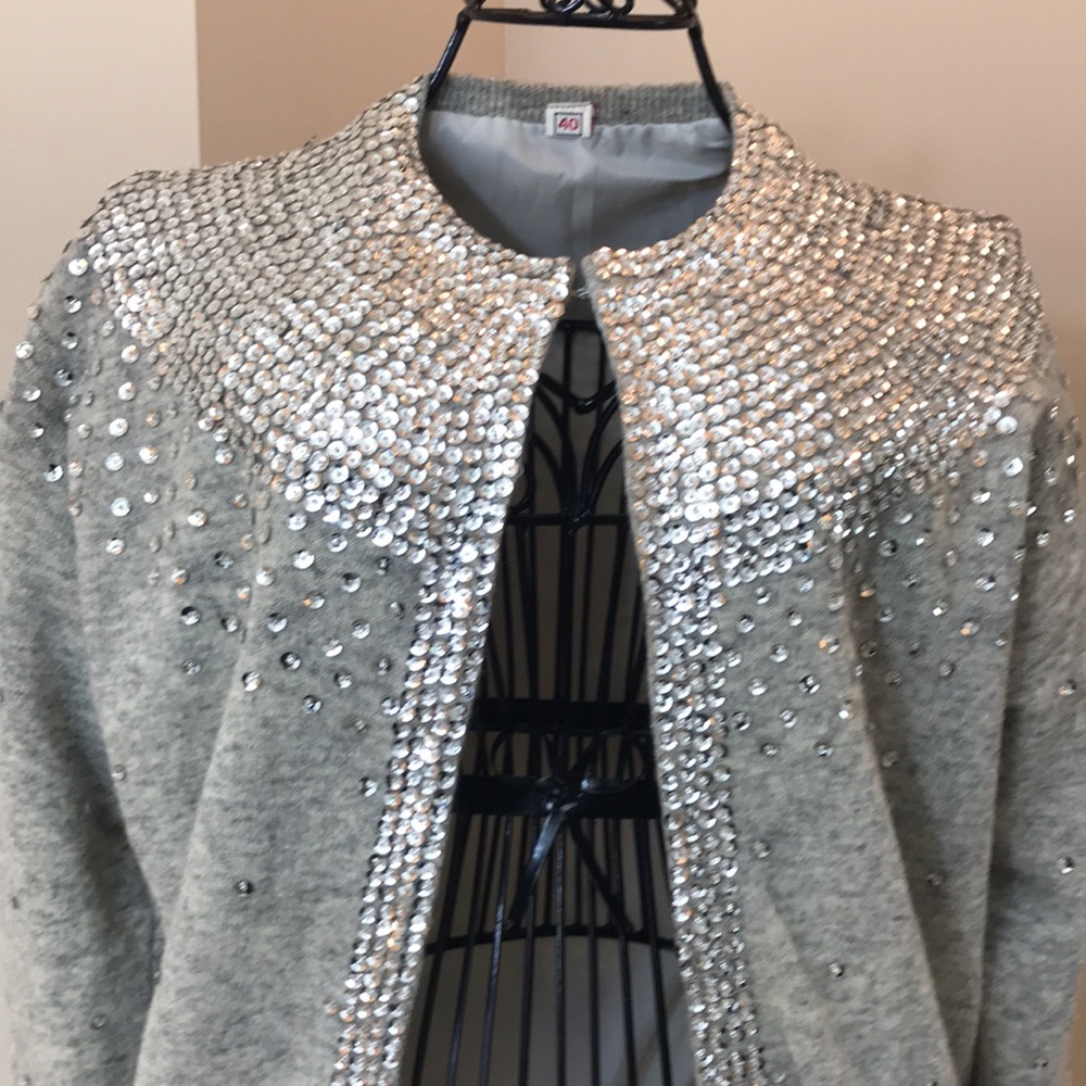 European Silver Sequined Gray Wool Sweater